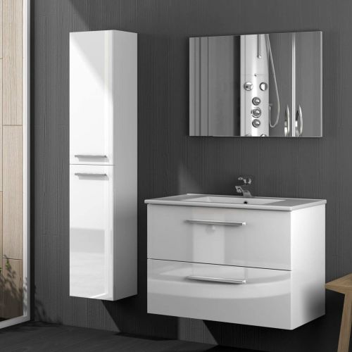 Set Mobili Bagno Bianco Lucido Specchio Incluso 2 Cassetti, 2 Ripiani - Ricadi