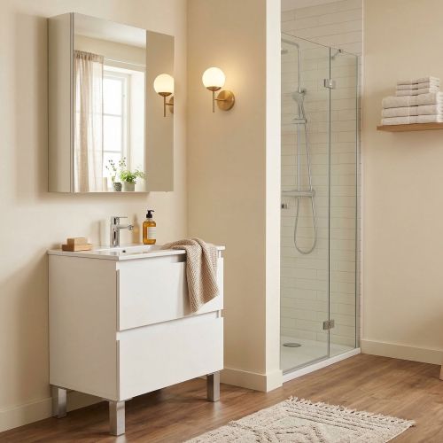 Set Mobili Bagno Bianco Lucido Specchio Incluso 2 Cassetti, 2 Ripiani - Tuscania
