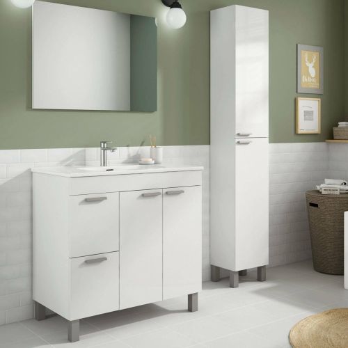 Set Mobili Bagno Bianco Lucido Specchio Incluso 2 Cassetti, 3 Ripiani - Liona