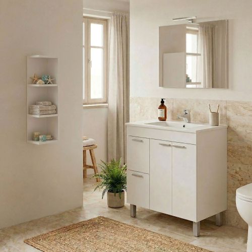 Set Mobili Bagno Bianco Lucido Specchio Incluso 2 Cassetti, 3 Ripiani - Trecase