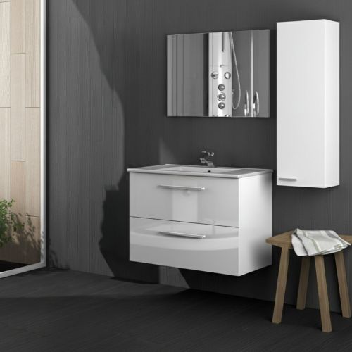 Set Mobili Bagno Bianco Lucido Specchio Incluso 2 Cassetti, un Ripiano - Possagno