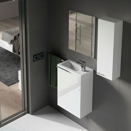 Set Mobili Bagno Bianco Lucido Specchio Incluso 2 Ripiani, 2 Ante - Casarano