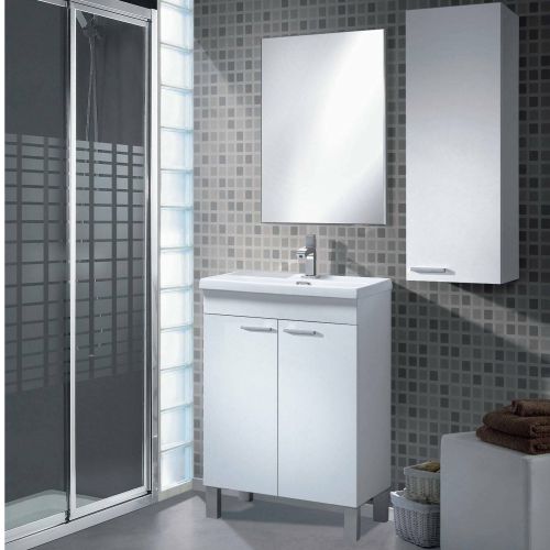 Set Mobili Bagno Bianco Lucido Specchio Incluso 2 Ripiani, 3 Ante - Fenile
