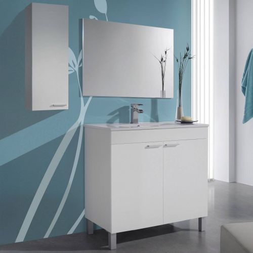Set Mobili Bagno Bianco Lucido Specchio Incluso 2 Ripiani, 3 Ante - Suvereto