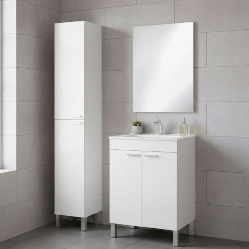 Set Mobili Bagno Bianco Lucido Specchio Incluso 2 Ripiani, 4 Ante - Dossena