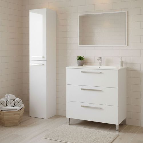 Set Mobili Bagno Bianco Lucido Specchio Incluso 3 Cassetti, 2 Ripiani - Berici