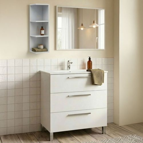 Set Mobili Bagno Bianco Lucido Specchio Incluso 3 Cassetti, 2 Ripiani - Sesto
