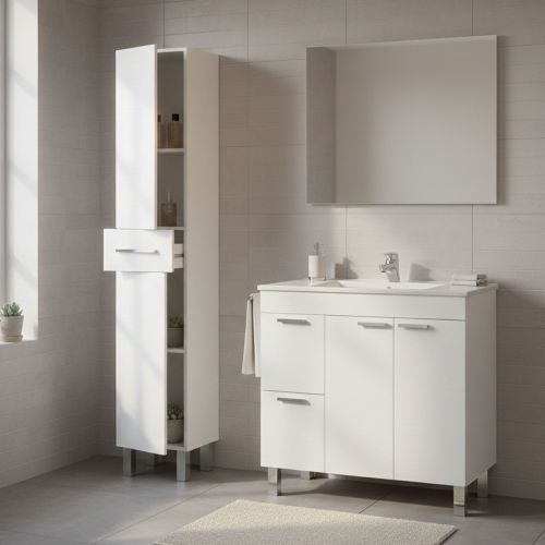 Set Mobili Bagno Bianco Lucido Specchio Incluso 3 Cassetti, 3 Ripiani - Lomello