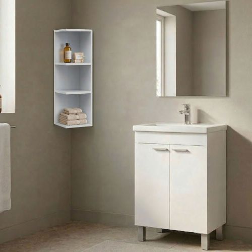 Set Mobili Bagno Bianco Lucido Specchio Incluso 3 Ripiani, 2 Ante - Furtei