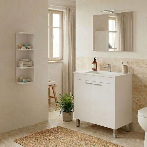 Set Mobili Bagno Bianco Lucido Specchio Incluso 3 Ripiani, 2 Ante - Leggiuno