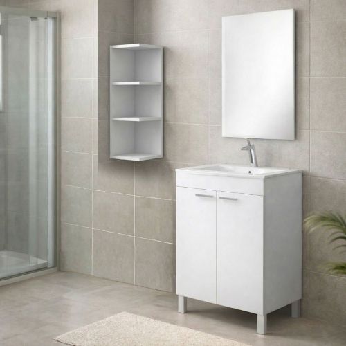 Set Mobili Bagno Bianco Lucido Specchio Incluso 3 Ripiani, 2 Ante - Sorrento