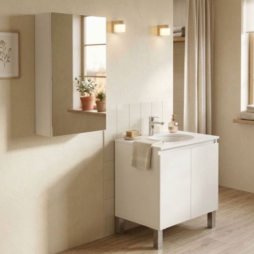 Set Mobili Bagno Bianco Lucido Specchio Incluso 3 Ripiani, 3 Ante - Gaiola