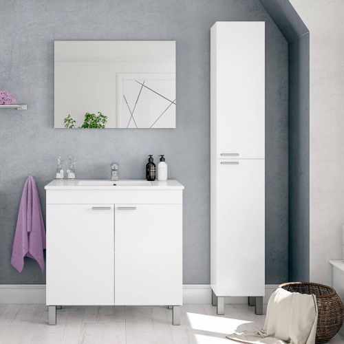Set Mobili Bagno Bianco Lucido Specchio Incluso 3 Ripiani, 4 Ante - Varzo