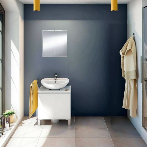 Set Mobili Bagno Bianco Lucido Specchio Incluso 3 Ripiani, 4 Ante - Vobbia