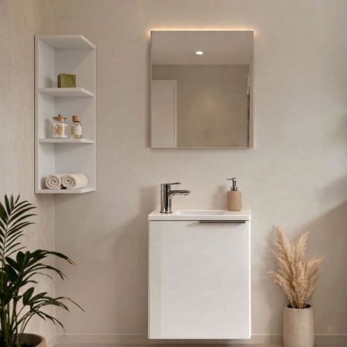 Set Mobili Bagno Bianco Lucido Specchio Incluso 3 Ripiani, Un'anta - Sedrina