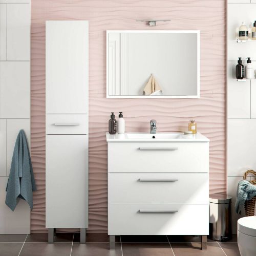 Set Mobili Bagno Bianco Lucido Specchio Incluso 4 Cassetti, 2 Ripiani - Florinas