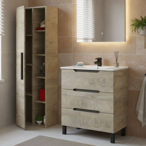Set Mobili Bagno Marrone Quercia 3 Cassetti 7 Ripiani, Un'anta - Laterza