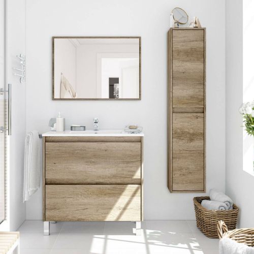Set Mobili Bagno Marrone Quercia Specchio Incluso 2 Cassetti, 2 Ripiani - Moncalvo