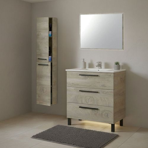 Set Mobili Bagno Marrone Quercia Specchio Incluso 3 Cassetti, 2 Ripiani - Corbola