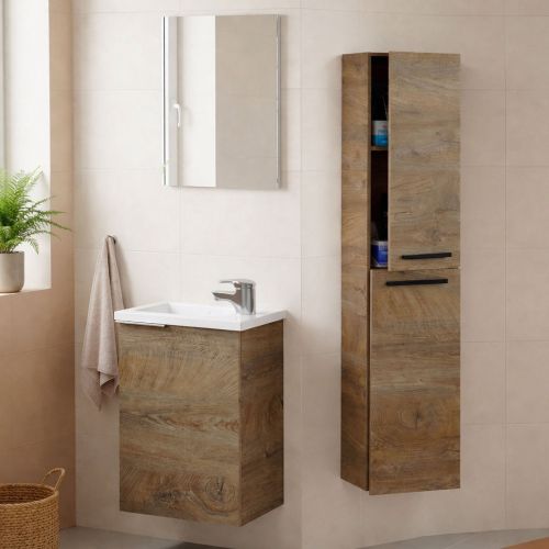 Set Mobili Bagno Marrone Quercia Specchio Incluso 3 Ripiani, 3 Ante - Osnago
