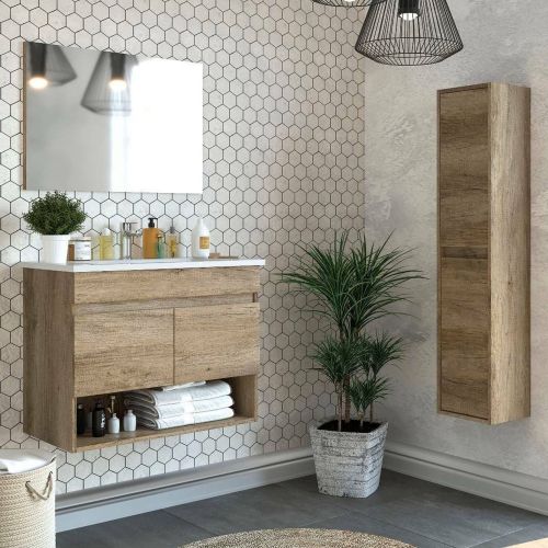 Set Mobili Bagno Marrone Quercia Specchio Incluso 4 Ripiani, 4 Ante - Sassola