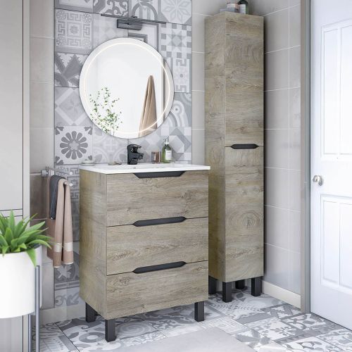 Set Mobili Bagno Marrone Rovere Grigio Nero Antracite 3 Cassetti 3 Ripiani, 2 Ante - Caleta