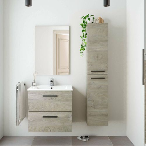 Set Mobili Bagno Marrone Rovere Specchio Incluso 2 Cassetti, 2 Ripiani - Martesana