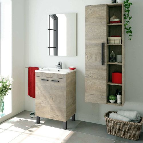 Set Mobili Bagno Marrone Rovere Specchio Incluso 8 Ripiani, 3 Ante - Sorico