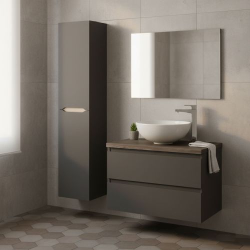 Set Mobili Bagno Nero Antracite Marrone Specchio Incluso 2 Cassetti, 2 Ripiani - Tauro