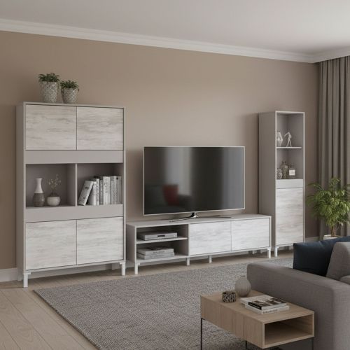 Set Mobili da Soggiorno Beige Chiaro Modulabile 7 Ripiani, 7 Ante - Nibionno