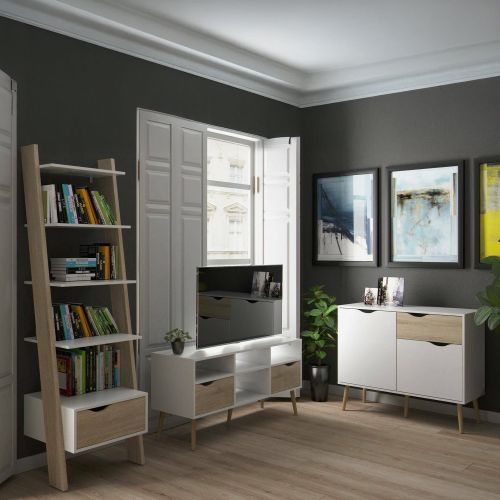 Set Mobili da Soggiorno Bianco Marrone Quercia 10 Ripiani 4 Cassetti, 2 Ante - Apiro