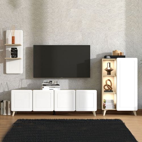 Set Mobili da Soggiorno Bianco Marrone Rovere Modulabile 7 Ripiani, Apertura Battente - Colverde
