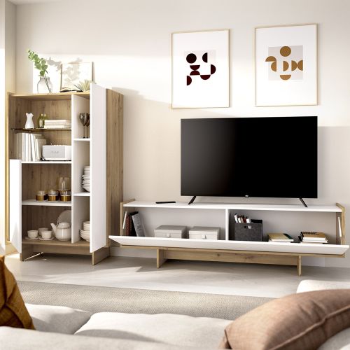 Set Mobili da Soggiorno Bianco Marrone Rovere Nodi Cassetti Modulabile, 5 Ripiani - Walla
