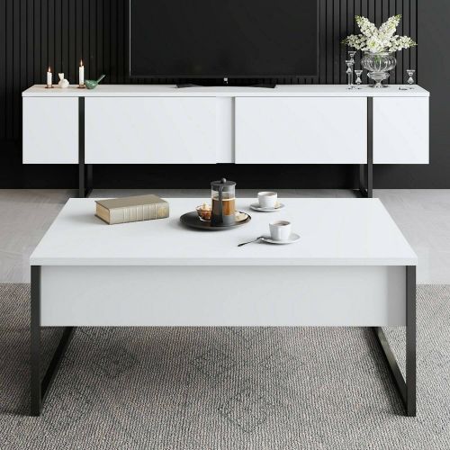 Set Mobili da Soggiorno Bianco Nero Modulabile Apertura a Ribalta, 2 Vani - Mornasco
