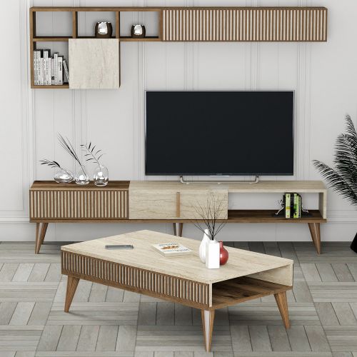 Set Mobili da Soggiorno Marrone Beige Marmo Modulabile 9 Ripiani, 2 Ante - Cassacco