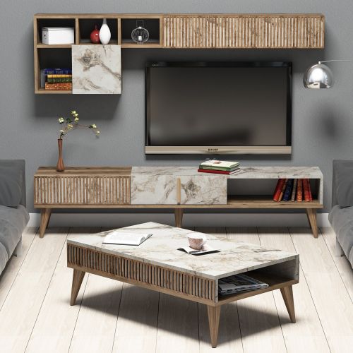 Set Mobili da Soggiorno Marrone Noce Bianco Marmo Modulabile 9 Ripiani, 2 Ante - Ollomont