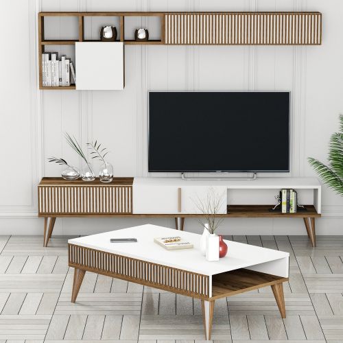 Set Mobili da Soggiorno Marrone Noce Bianco Modulabile 9 Ripiani, 2 Ante - Cassacco