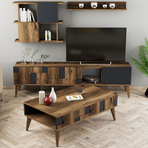 Set Mobili da Soggiorno Marrone Noce Nero Antracite Modulabile 9 Ripiani, 2 Ante - Segrate