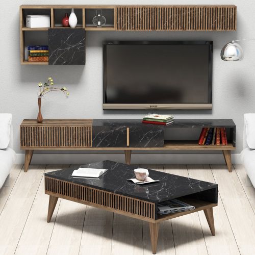 Set Mobili da Soggiorno Marrone Noce Nero Marmo Modulabile 9 Ripiani, 2 Ante - Ollomont