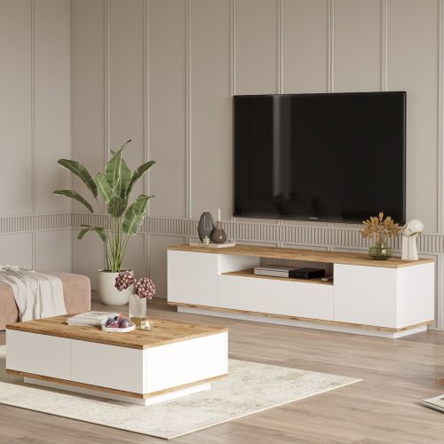 Set Mobili da Soggiorno Marrone Rovere Nodi Bianco Modulabile 4 Ripiani, 3 Ante - Nepi