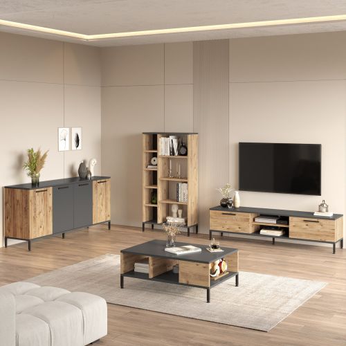 Set Mobili da Soggiorno Marrone Rovere Nodi Nero Antracite Modulabile 15 Ripiani, 6 Ante - Foza
