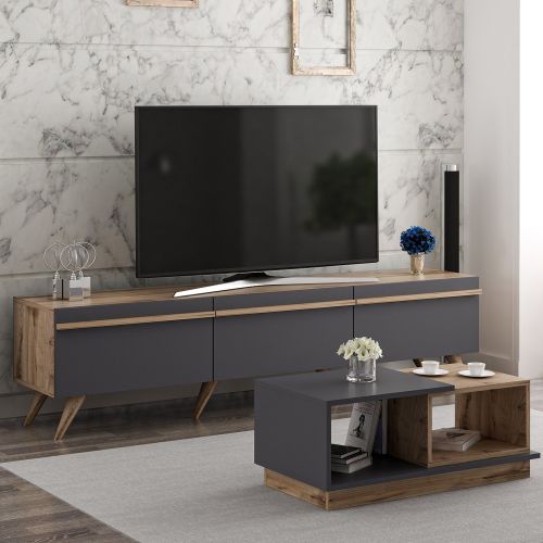 Set Mobili da Soggiorno Nero Antracite Marrone Noce Modulabile 2 Ripiani, 3 Ante - Lerici