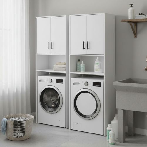 Set Mobili per Lavanderia Bianco 4 Ripiani 6 Vani, Apertura Battente - Delebio