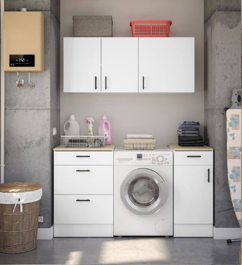 Set mobili per lavanderia Lodrino, Composizione lavanderia moderna, Soluzione salvaspazio per zona lavaggio, Bianco e Rovere