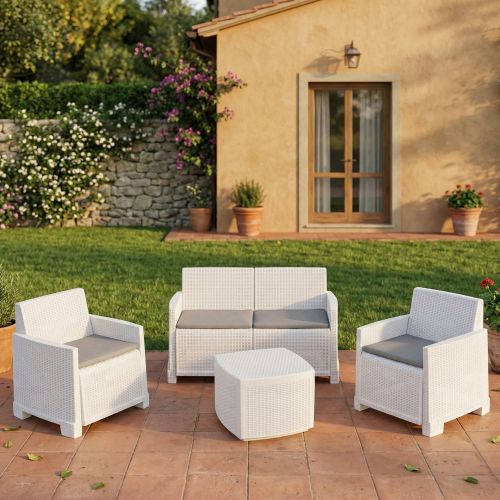Set salotto cortile 2 poltrone e 1 divano effetto rattan bianco - Amer