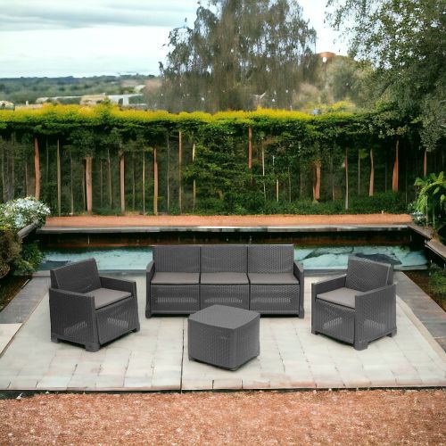 Set salotto da esterno Alassio, Set da giardino con 2 poltrone, 1 divano e 1 tavolino contenitore, Effetto rattan con cuscini, 100% Made in Italy, Antracite