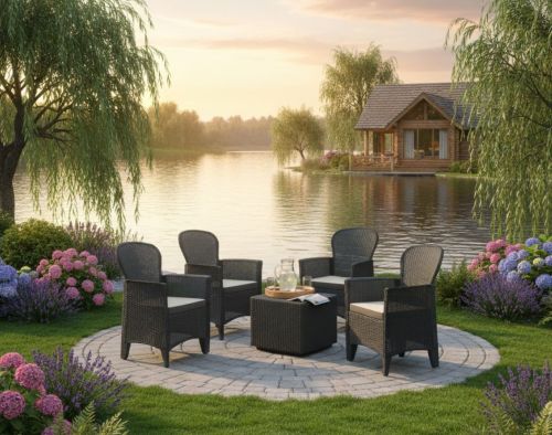 Set salotto da esterno Anagni, Salottino outdoor o indoor, 4 poltrone con braccioli con un tavolino contenitore, Made in Italy, Antracite