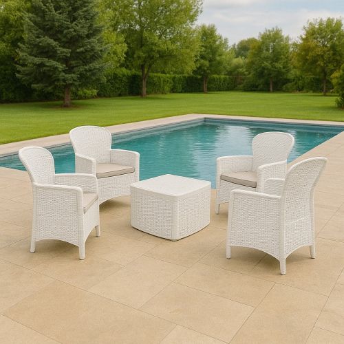 Set salotto da esterno Anagni, Salottino outdoor o indoor, 4 poltrone con braccioli con un tavolino contenitore, Made in Italy, Bianco
