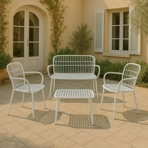 Set salotto da esterno Arbia, Salottino outdoor, Set da balcone o giardino, Composizione soggiorno per esterni, Made in Italy, Bianco