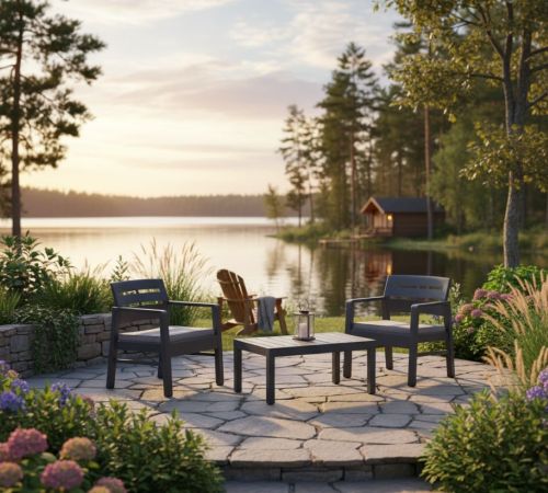 Set salotto da esterno Benevento, Set da giardino con 2 poltrone e 1 tavolino, Salottino indoor e outdoor con cuscini, 100% Made in Italy, Antracite